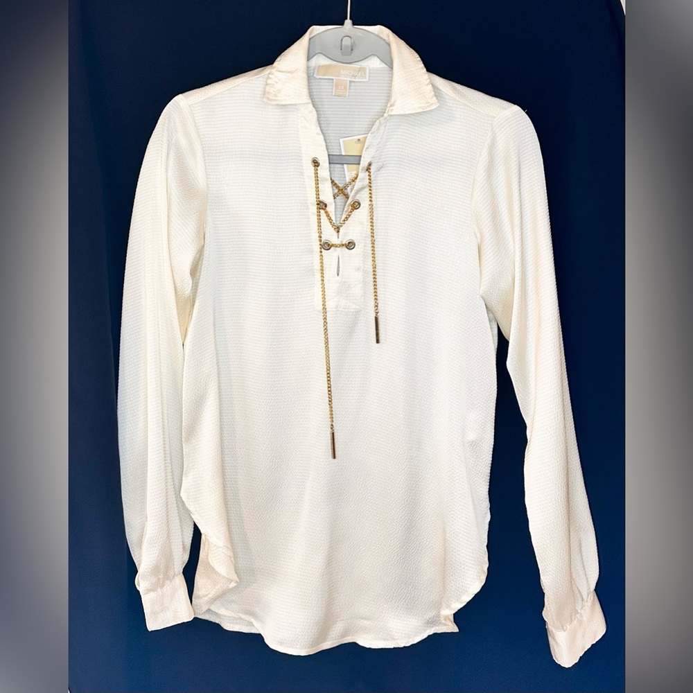 MICHAEL Michael Kors Bone Women's Golden Lace-Up Chain V-Neckline Satin Top XS